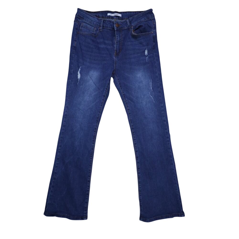 Oak & Poppy High Rise Bootcut Jeans Women's 16 Blue Distressed Dark Wash Flare